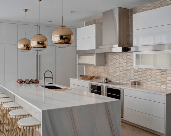 Gold Bar Stools and Pendant Lights