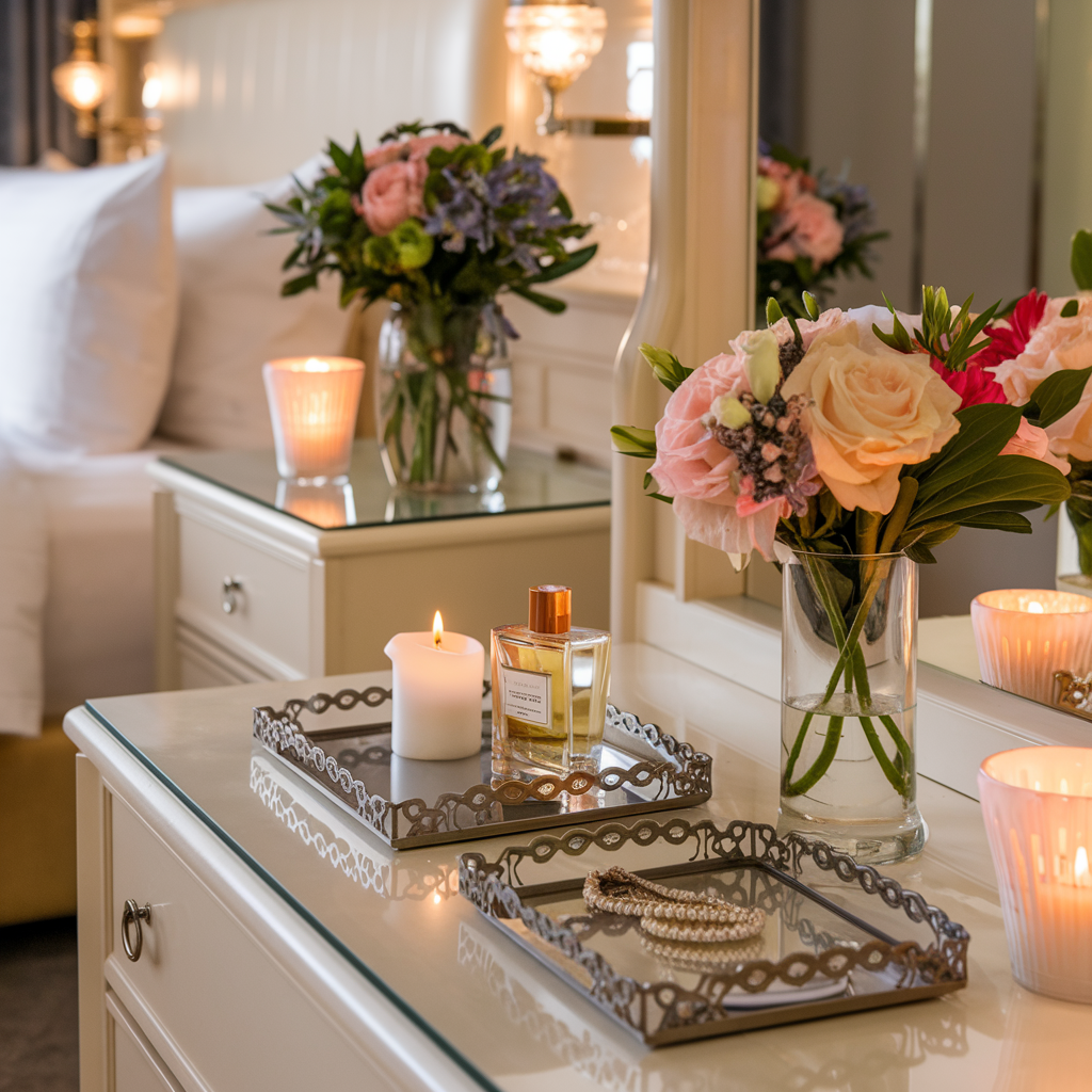 hotel-like bedroom with a comfortable and vases