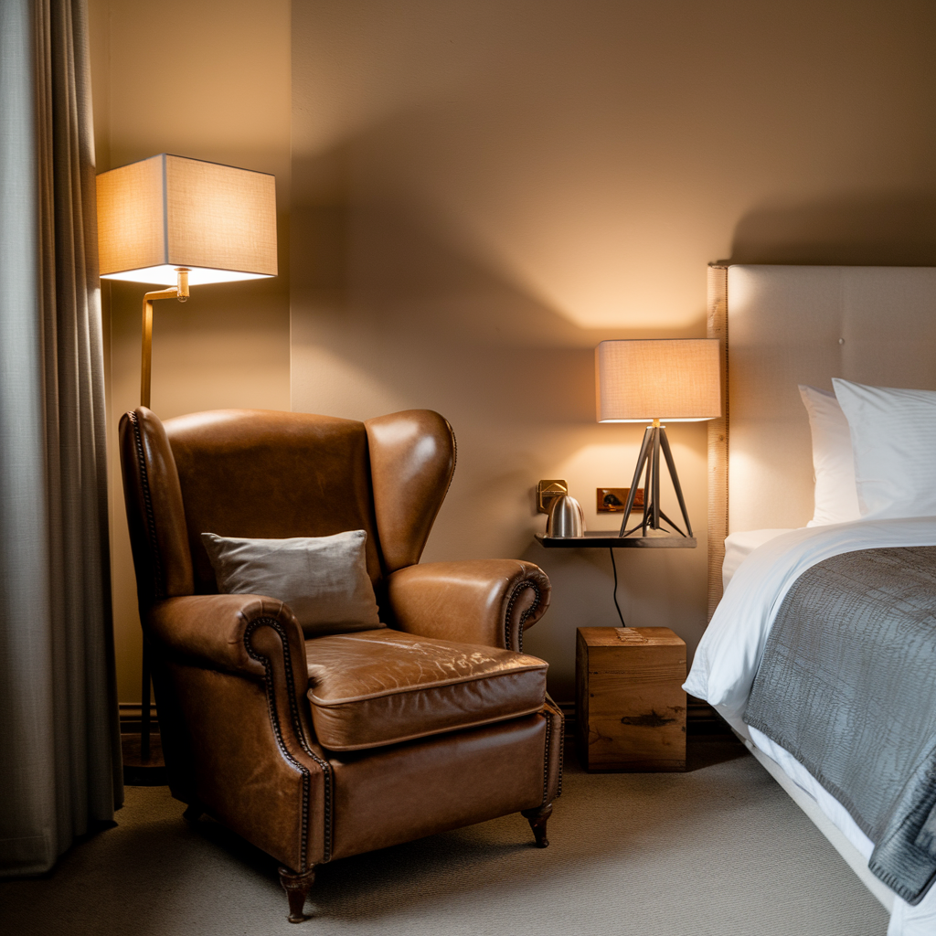 hotel lookalike bedroom with leather arm chair