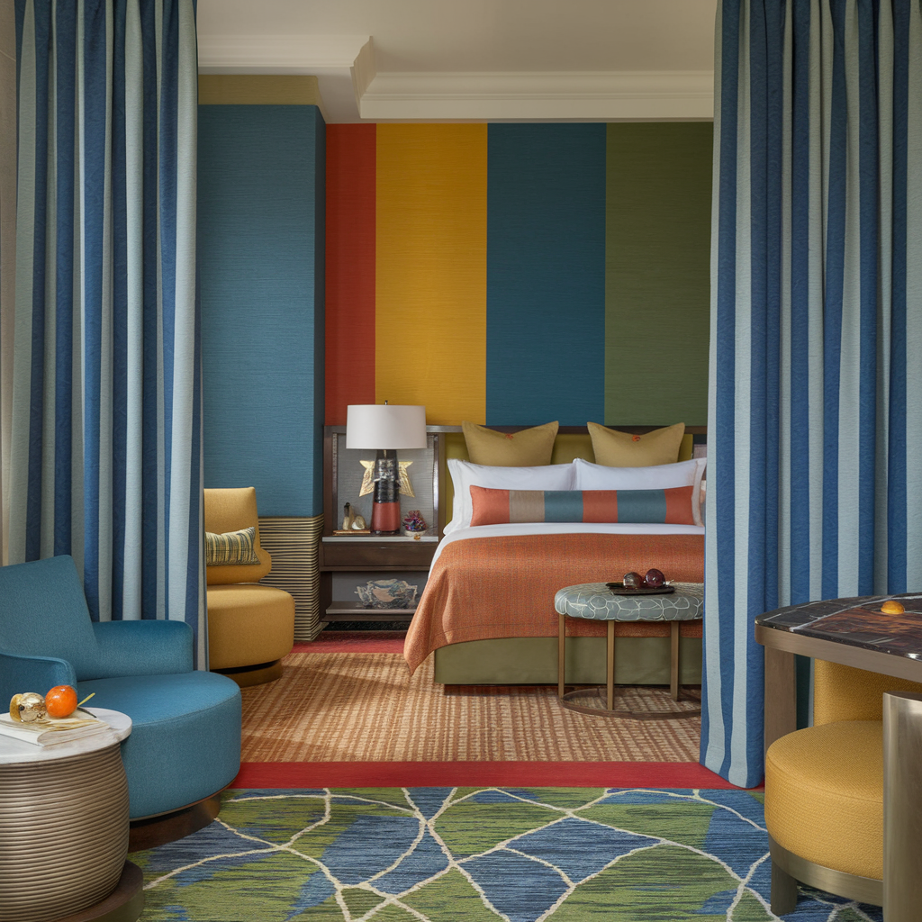 hotel style bedroom with different color shades